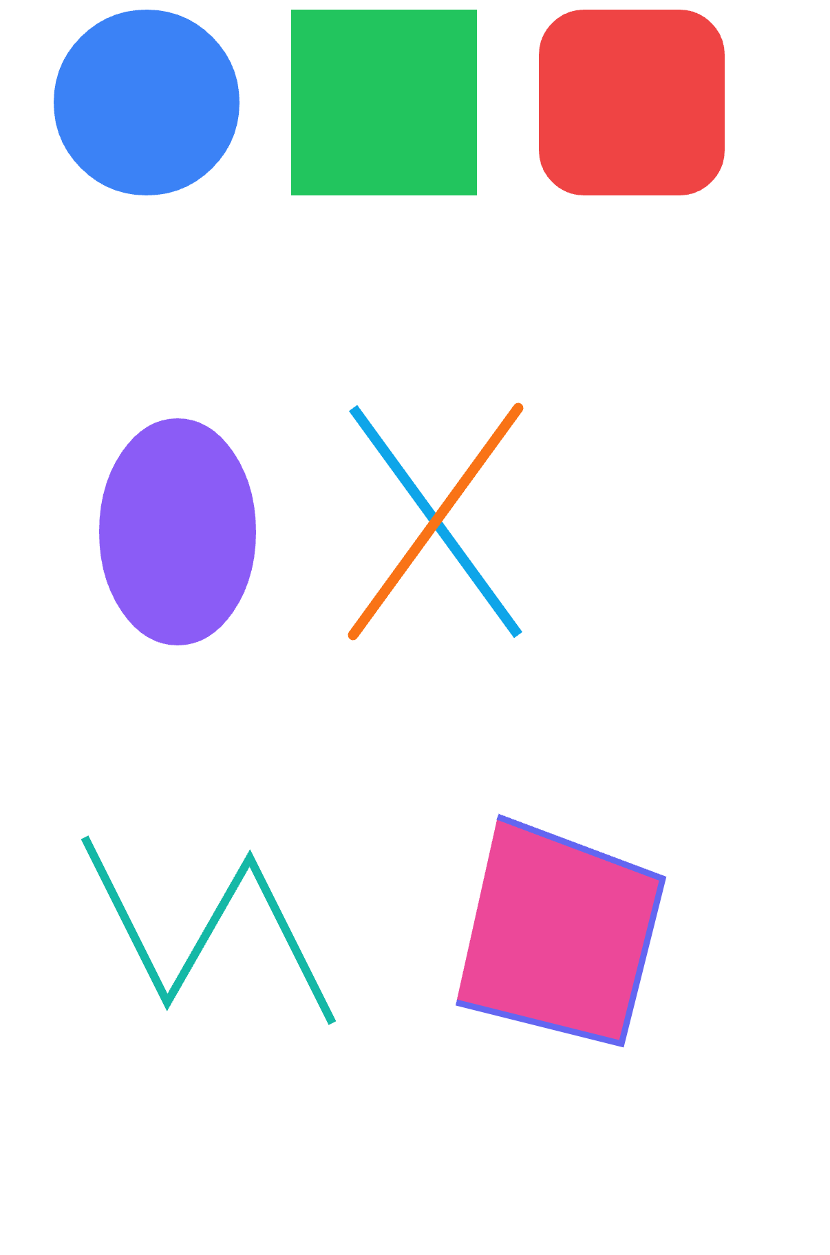 Rendered shapes — circles, rects, RRect, ellipse, line and points at varying opacity